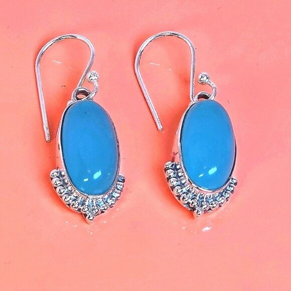 925 Sterling Silver Earrings with Natural Chalcedony 7x16mm - Picture 1 of 8